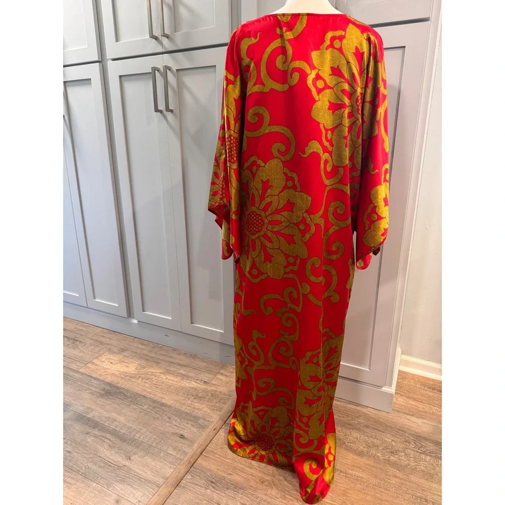 Natori Private Luxuries Red Gold Floral Damask Caftan Kimono Gown XL Lounger - Picture 2 of 6